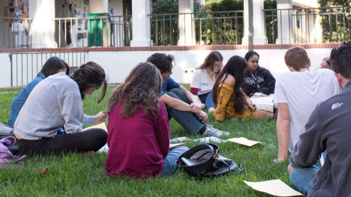 students sitting in grass in circle